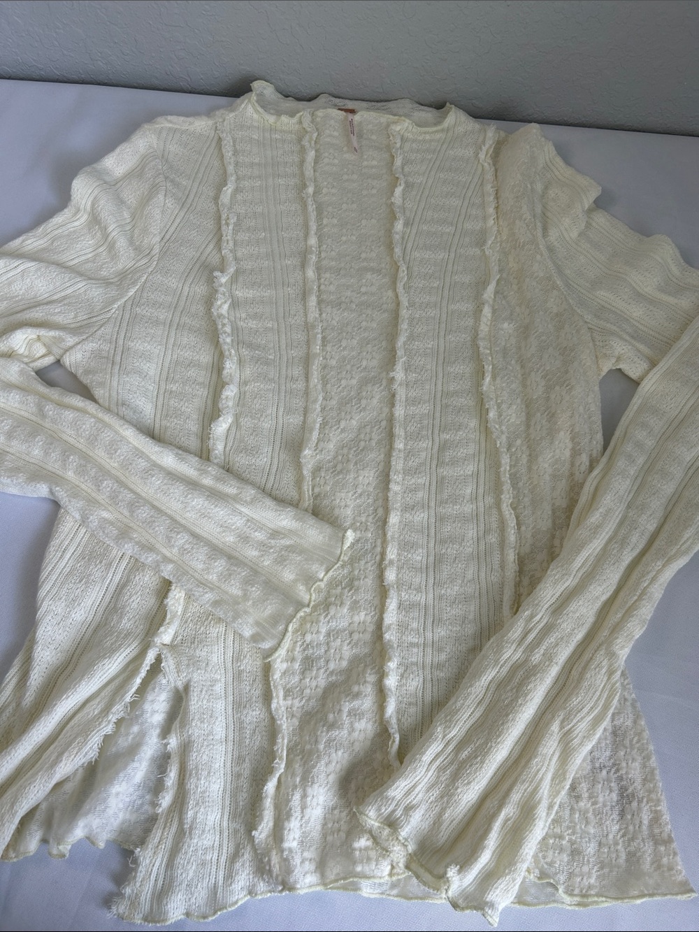 Miss Chievous Women’s Textured Open Front Cardigan Ivory Boho Fringe XL